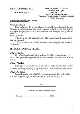Ki thi hoc sinh gioi lơp 9 năm hoc 2014 2015 môn lịch sử